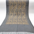 Detailed view of grey pashmina shawl featuring golden paisley embroidery and tassel trim - Gray