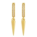 Gold huggie hoop earrings with pave cubic zirconia and dangling spike cone pendant - Style A (Zirconia Hoop - Smooth Spike)
