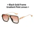 Square punk sunglasses in black and gold metal with gradient pink lenses and cut-out temples - Black Gold Frame Gradient Pink Lens