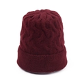 Close-up of wine red chunky knit beanie texture and ribbed cuff for winter - Burgundy