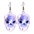 Detailed view of LED glowing transparent skull earrings for Halloween party night - Skull Hook Style / Transparent Blue Light