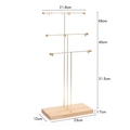Three-tier metal jewelry display stand with wooden base showing detailed dimensions - 3-tier 30 Hooks / Natural Wood Color