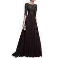 Elegant black evening gown with 3/4 lace sleeves and pleated chiffon skirt - S / Black