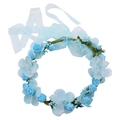 Detail of blue fabric flowers and foam roses on a festive headband with ribbon - Blue