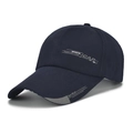 Dark blue canvas baseball cap with white sports fashion text and grey brim detail - Adjustable / Navy Blue