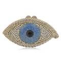 Golden eye shaped evening clutch bag with blue and white crystals on white background - Gold Base AB Rhinestone