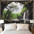 Nordic style Christmas tree tapestry featuring forest waterfall landscape and fairy lights - Forest 8