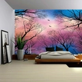 Detailed view of Nordic Christmas tree tapestry featuring a pink dusk sky scene - Forest 15