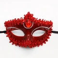 Red Venetian masquerade mask with glitter sequins, lace trim and central gemstone - Red