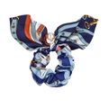 Elegant silk hair scrunchie with chain print bow and pearl pendant for women - Dark Blue Chain (08)