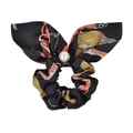 Vintage black satin scrunchie with bow, gold chain patterns and large pearl pendant - Black Chain (06)