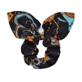 Detail of black silk scrunchie with colorful prints, bow tie and pearl pendant charm - Black Base Blue Orange Print (13)
