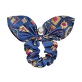 Detail of blue vintage pattern silk scrunchie with large bow and elegant pearl charm - Blue Vintage Pattern (19)