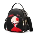 Black oxford backpack for women with cartoon girl print and triple zip compartments - Little Girl