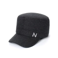 Men's dark gray wool flat top army cap with metal N decoration and ear protection - Adjustable / Grey With N Logo