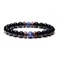 Men's beaded bracelet featuring black obsidian, blue lapis lazuli and wooden spacers - Black Obsidian + Blue Lapis Lazuli + Wood (FD0171)
