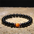 Men's beaded bracelet with black lava stones, orange cat eye gem, and wood spacers - Glossy Black Beads + Orange Cat Eye + Wood (FD0182)