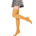 Detail of mustard yellow over-the-knee socks showing knit texture with a plaid skirt - L (Height 52cm) / Turmeric