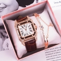 Women's rose gold square watch with brown leather strap and matching star bracelet - WS813 Brown Watch + Bracelet + Box