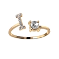 Adjustable gold open ring featuring a crystal-set letter I and round zircon stone - Letter I / Silver