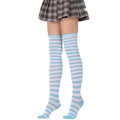 Bas montants à rayures bleues et roses pour femmes de style cosplay anime japonais - L (Taille unique) / Rayures fines bleues et blanches