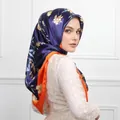 Floral square hijab in navy blue and orange satin fabric with elegant drape - #39 Orange Butterfly Floral