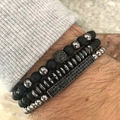 Detail of three-piece beaded bracelet set featuring matte black stone and micro-pave charms - Skull Crown Black Beads Style (ZJ2100H=BA080+ND10486)