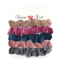 Five-piece velvet scrunchie set in brown, rose, blue, pink, and grey on white card - RT-229-K (5-Piece Colorful Velvet Set)