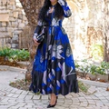 Women long sleeve A-line maxi dress with floral print and cinched waist design - Blue