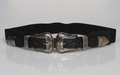 Cintura elastica nera vintage con doppia fibbia in metallo argentato intagliato - Fibbia Argento