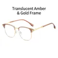 Men's retro half-frame blue light reading glasses in transparent tea and gold finish - Transparent Tea Gold Frame