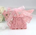 Pink laser cut butterfly candy box with silk ribbon for wedding gift packaging - Pink