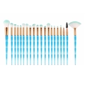 Detailed set of 20 diamond handle makeup brushes with blue glitter unicorn design - Crystal Blue