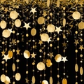 Vista dettagliata di decorazioni pendenti con stelle e cerchi dorati scintillanti su sfondo scuro. - Ghirlanda Stella Tonda Oro / 4 Metri