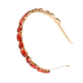 Golden metal headband featuring large teardrop-shaped red rhinestones on white background - Teardrop Red Rhinestone