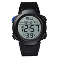 Macro detail of large digital sports watch display with calendar and light functions - 601 Blue