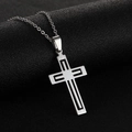 Polished silver stainless steel hollow cross pendant necklace on black leather - Geometric Hollow Cross / Steel