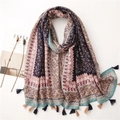 Vintage floral cotton linen shawl with tassels, elegant ethnic print scarf on white table - Navy Blue Ethnic Print Tassel