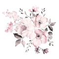 Makro-Detail von Aquarell-Blumenstrauß mit rosa Blüten und graubraunen Blättern - 30*90CM Layout