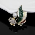 Elegant gold-tone goldfish brooch with colorful enamel, white rhinestones and a large pearl - Colorful Fish Enamel