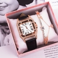 Women's rose gold watch set with square dial and matching star bracelet in a gift box - WS813 Black Watch + Bracelet + Box
