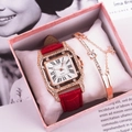 Women's watch and bracelet set with square rose gold dial and red leather strap in a gift box - WS813 Red Watch + Bracelet + Box