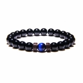 Men's beaded bracelet with black lava stones, blue cat eye bead and coconut wood accents - Glossy Black Beads + Blue Cat Eye + Wood (FD0174)