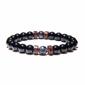 Men's yoga energy bracelet with black volcanic stones and coconut wood beads - Black Beads + Brown-Grey Textured Beads (FD0169)