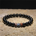 Men's yoga energy bracelet with black round beads and red cylindrical wood accents - Glossy Black Beads + Blue-Grey Mottled Bead + Wood (FD0179)