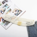 Eleganter vierreihiger Perlengürtel mit goldener Strass-Schnalle für Damenkleider mit Stretch - Quadratische Multi-Strass-Schnalle