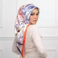 Pink bawal square hijab with blue floral leaf patterns and orange rolled edges - #7 Orange Floral