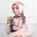 Pink and grey floral satin hijab with large magnolia prints on smooth silk fabric - #22 Grey Pink Kapok