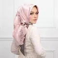 Pink satin hijab with cherry blossom branch print in a soft silky finish for women - #2 Grey Pink Plum