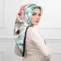 Elegant mint green floral satin scarf with brown border wrap for women - #13 Fresh Green Floral